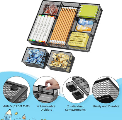 Marbrasse 3 Packs Desk Drawer Organizers, Metal Mesh Dividers Desk Drawer Organizer Tray with 9 Adjustable Compartments, Pen Organizer for Drawer Tray Box Accessories for Desktop,Kitchen, Makeup
