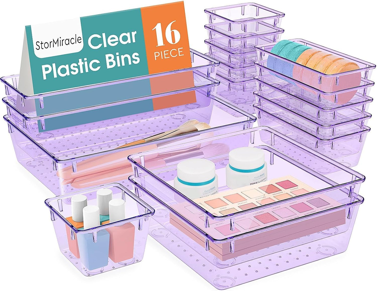 StorMiracle 16 PCS Drawer Organizer Set, 5 Varied Size Bathroom and kitchen Drawer cabinet organizer Trays, Clear Storage Bins for Makeup, Jewelry, Utensils and Gadgets