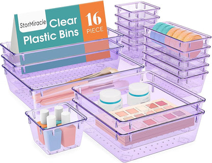 StorMiracle 16 PCS Drawer Organizer Set, 5 Varied Size Bathroom and kitchen Drawer cabinet organizer Trays, Clear Storage Bins for Makeup, Jewelry, Utensils and Gadgets