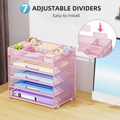Marbrasse 5-Tier Letter Tray Paper Organizer with Handle, Multi-Functional Mesh File Organizer for Desk, Adjustable Compartments Mesh Desktop Storage for Office Supplies,Black