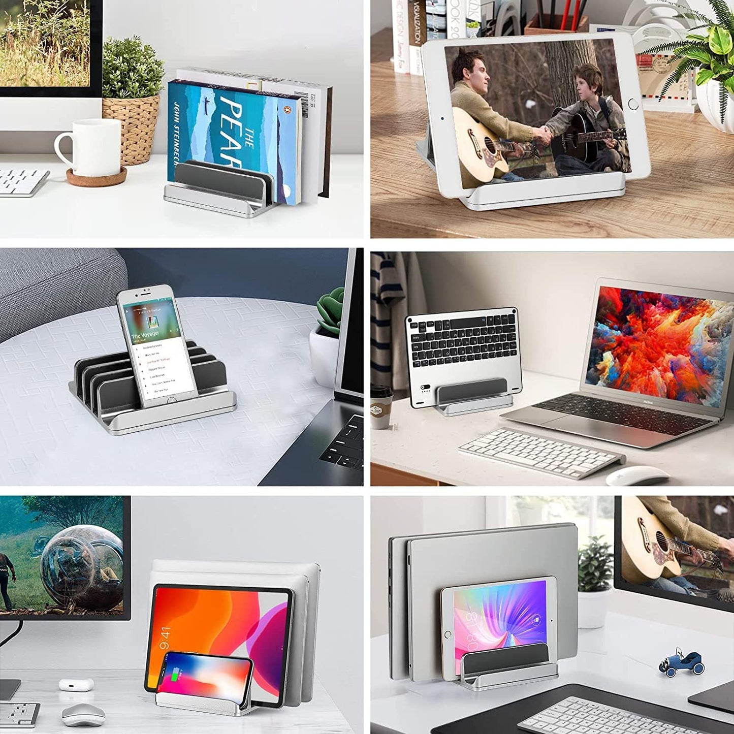 Vertical Laptop Stand [Updated Version],3-Slot Desktop Stand Holder with Adjustable Dock,4 in 1 Design Aluminum Space-Saving Laptop Stand for Desk MacBook/Surface/Samsung/HP/Dell/Chrome Book (Silver)