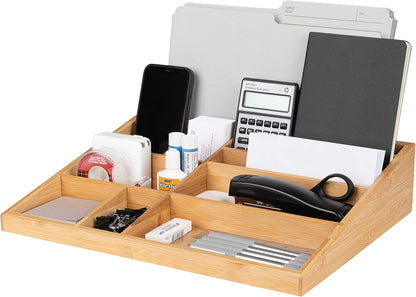 Theodore Bamboo Desktop Organizer – 10‑Compartment Natural Wood Storage Tray for Office, Home, Kitchen & Vanity – No Assembly, Water‑Resistant, Eco‑Friendly
