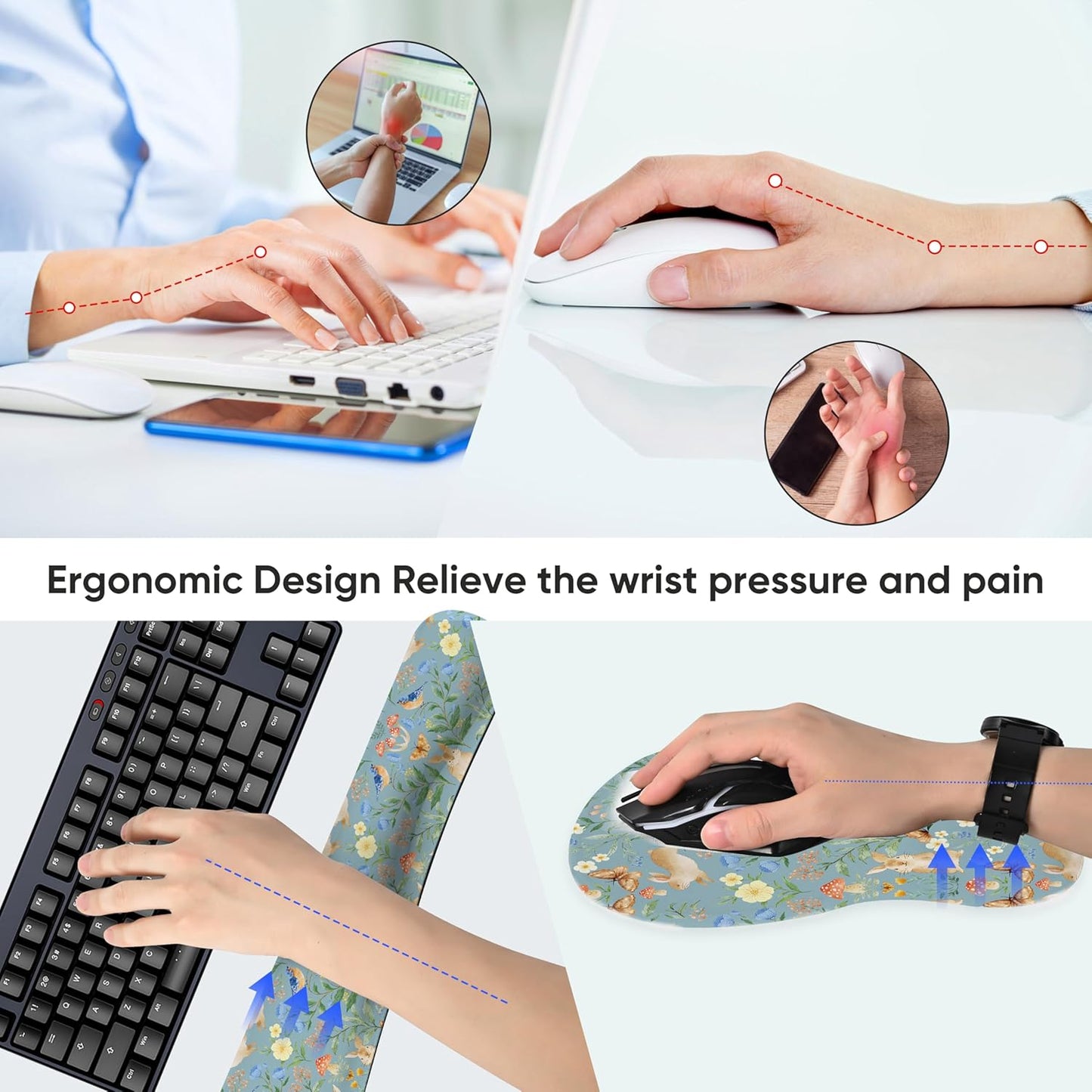 Wrist Rest Support for Mouse Pad Keyboard Set Circle Coaster Gaming Mouse Pad Ergonomic Gel Memory Foam Set for Computer, Laptop, Office, Pain Relief, Comfortably Typing Flowers KM-39