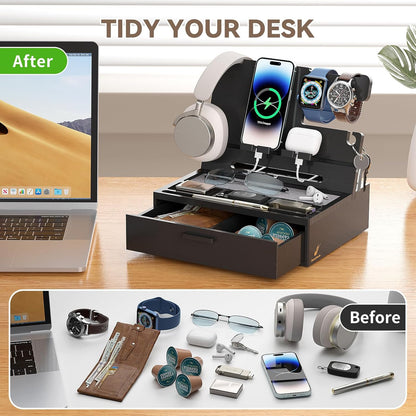 Pezin & Hulin Wooden Charging Station, Bedside Nightstand Tray, with Spacious Drawer, Felt Pads for Phones, Watch, Idea Gifts for Him Birthday, Son, Christmas for Papa Fathers Day (Nature)
