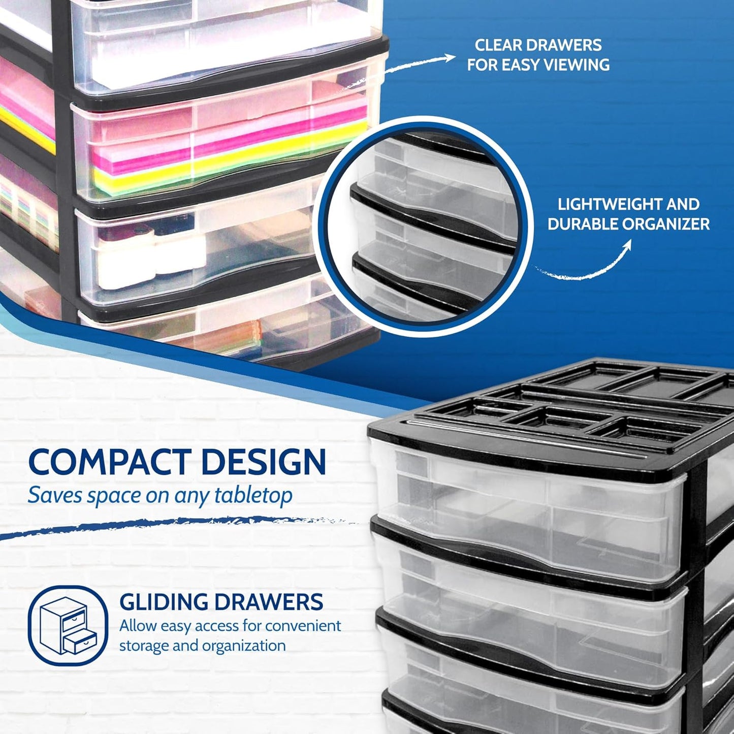 Gracious Living 4-Drawer Desktop and Countertop Storage Organizer Drawer Set, Plastic Office Desk Organizer, Black/Clear