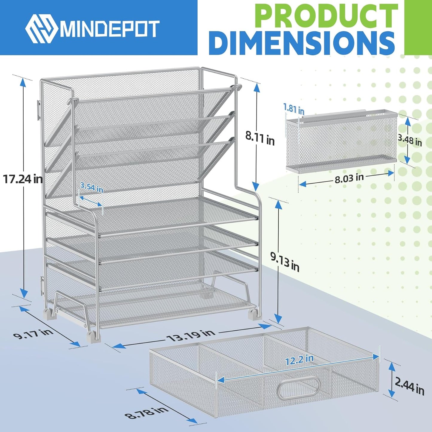 MINDEPOT 4-Tier Paper Organizer + 3-Pocket File Holder + Drawer + Pen Holders, Desktop File Organizers Paper Tray for Office Accessories School Classroom Organization (Black)