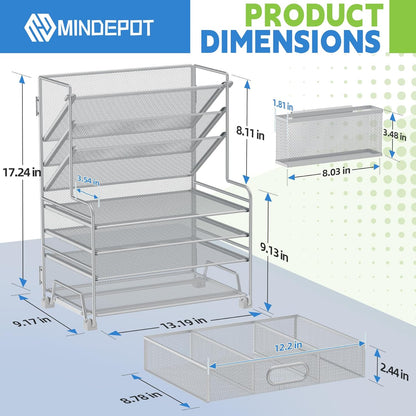MINDEPOT 4-Tier Paper Organizer + 3-Pocket File Holder + Drawer + Pen Holders, Desktop File Organizers Paper Tray for Office Accessories School Classroom Organization (Black)