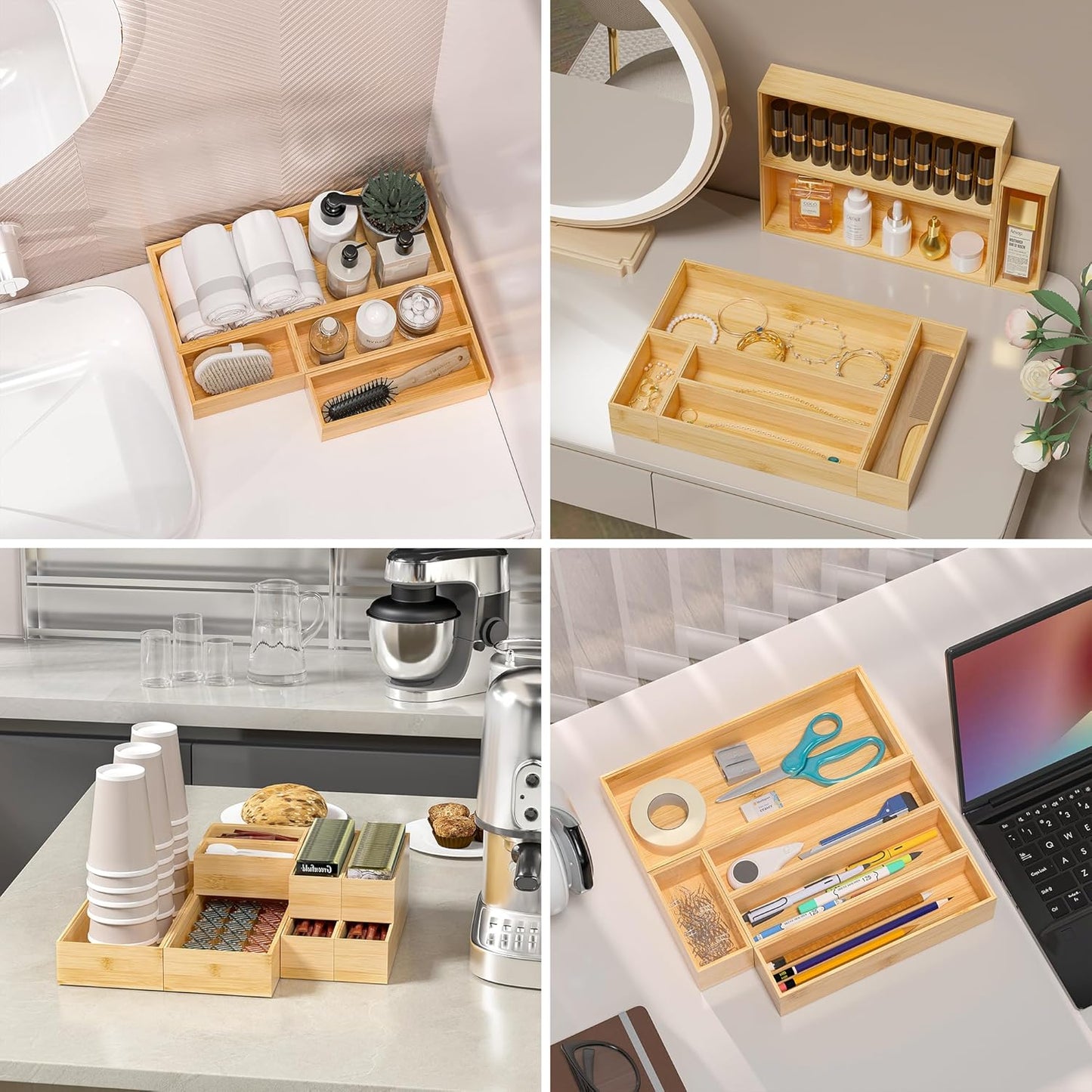 Kitchen Drawer Organizer Bins, Stackable Bamboo Drawer Organizer for Silverware, Flatware, Coffee Pod Organizer K Cup Holder for Countertop, 2 Pcs Coffee Station Organizer 12" x 6" x 2.5"