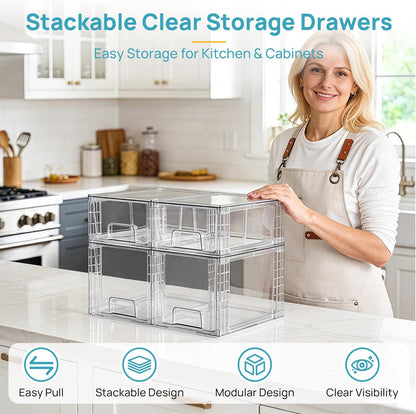 Vtopmart 4 Pack Clear Stackable Storage Drawers,Under Sink and Kitchen Organizers Storage,Easy to Assemble Plastic Drawers for Baby Bottle,Medicine, Bathroom,Cabinet and Pantry Organization