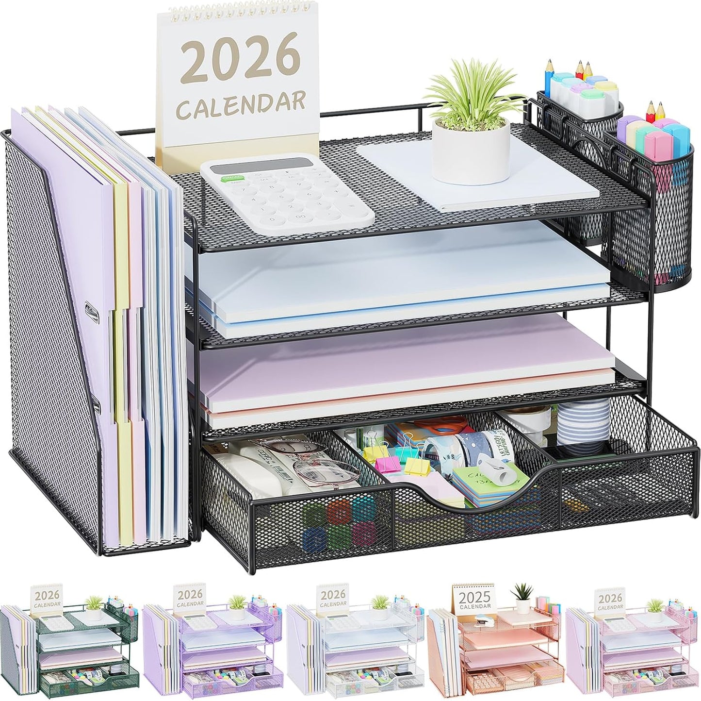 gianotter Desk Organizers and Accessories with File Holder, 4-Tier Desk Accessories & Workspace Organizers with Drawer and 2 Pen Holder, Paper Organizer for Office Supplies (Rose Gold)