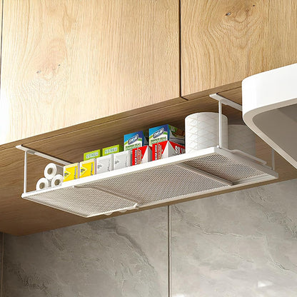 1 Pack Expandable Under Cabinet Shelf, Under Shelf Basket with 0.94 Inches Thick Clips for Kitchen Cupboard, Metal Hanging Under Desk Basket for Laundry Room, Cabinet, Shoe Rack