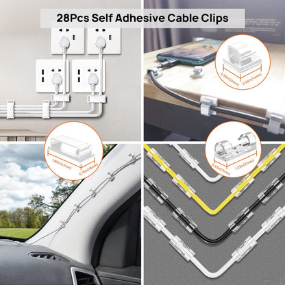 Cable Management Kit - 4 Cable Sleeve, 57 Self Adhesive Cable Clips, 12 Hanging Strips, 12 Cable Organizer Straps and 100 Fastening Cable Ties for TV Computer Under Desk (Black and White)