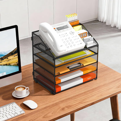 DocNest 4 Tier Metal Mesh Letter Tray - Space Saving Desk File Organizer with Handle, Pen Holder & Folder Holder - Desktop Document Sorter for Office, Home, School, Classroom - Black