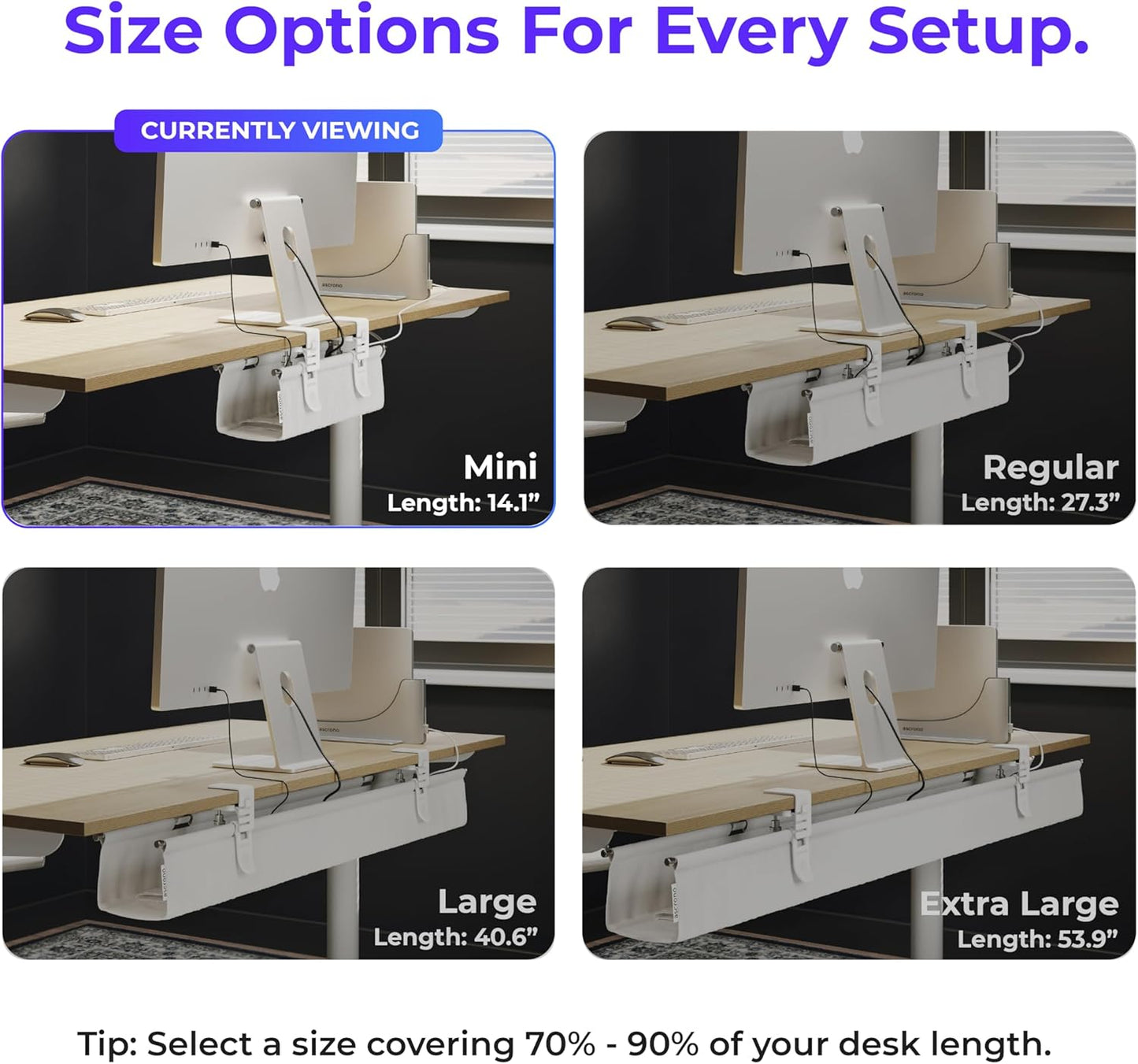 Ascrono Original No Drill Under Desk Cable Management Tray 27.3" - Premium White Fabric Cable Management Under Desk - Clamp/Screw Mount Cord Organizer - Supports Upto 66lbs