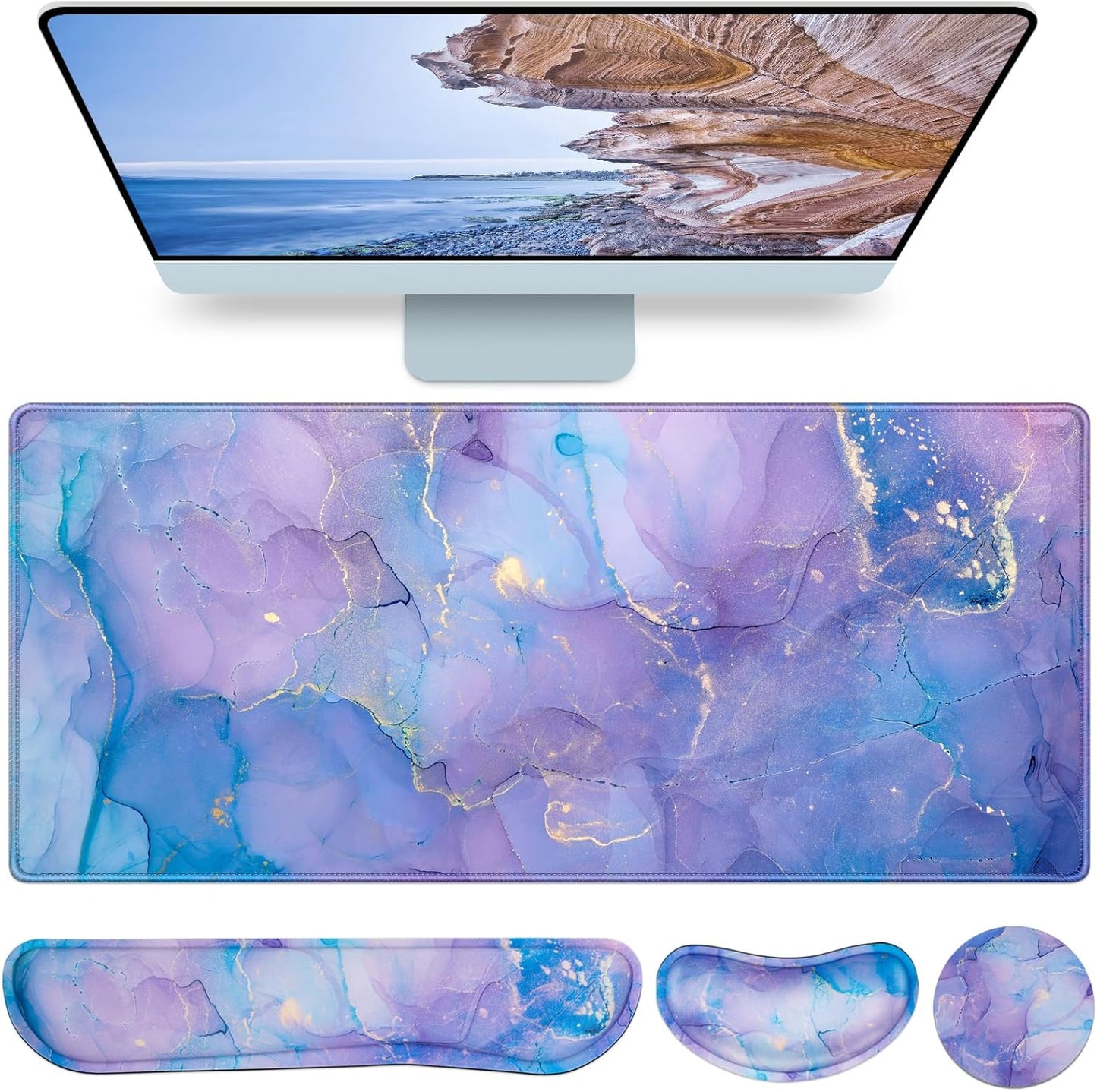Desk Mat, Large Gaming Mouse Pad with Wrist Rest, 4in1 XXL Mousepad+Keyboard Wrist Rest+Mouse Pad Wrist Support+Cup Coaster Set Ergonomic Floral Computer Desk Arm Wrist for Decor Home Office Women