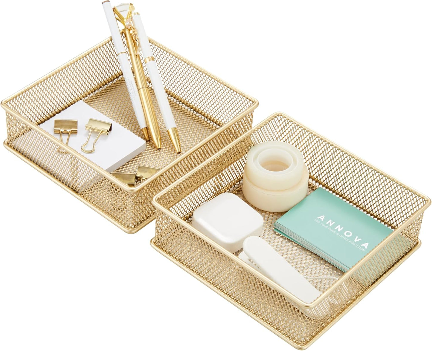 Annova Stackable Mesh Drawer Cabinet and Shelf Organizer Bins Storage Basket School Office Supply Holder Tray- Set of 2 (Gold, 3x3x2 Inch)