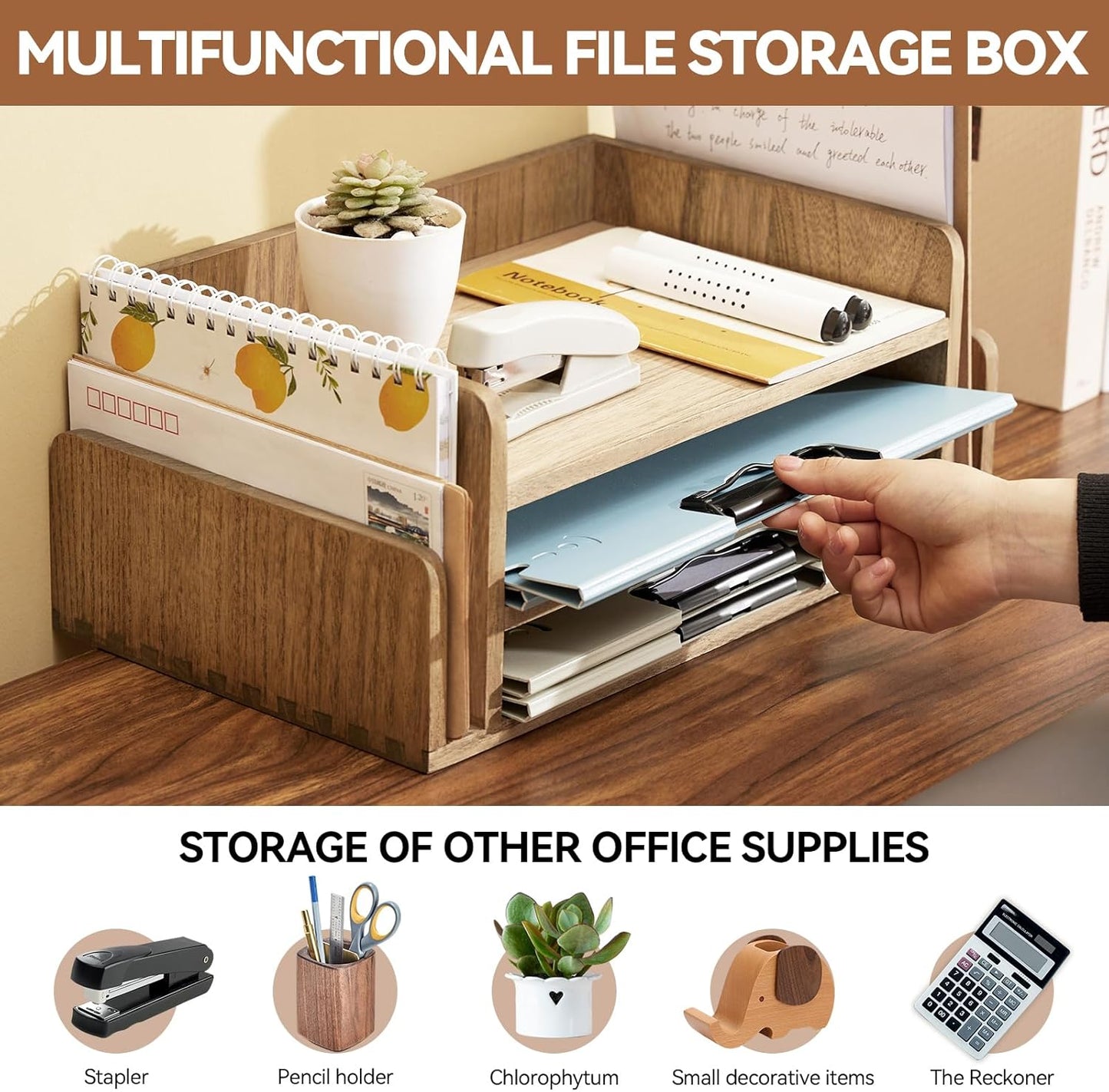 KIRIGEN Wood Desk Organizer 5 Trays - Desktop Document Letter Tray for Folders, Mail,File -Nature 3-Tier Office Mail Sorter Organizer Rack/Telephone Stand/Document Holder Dark Brown(2TP-DBR)