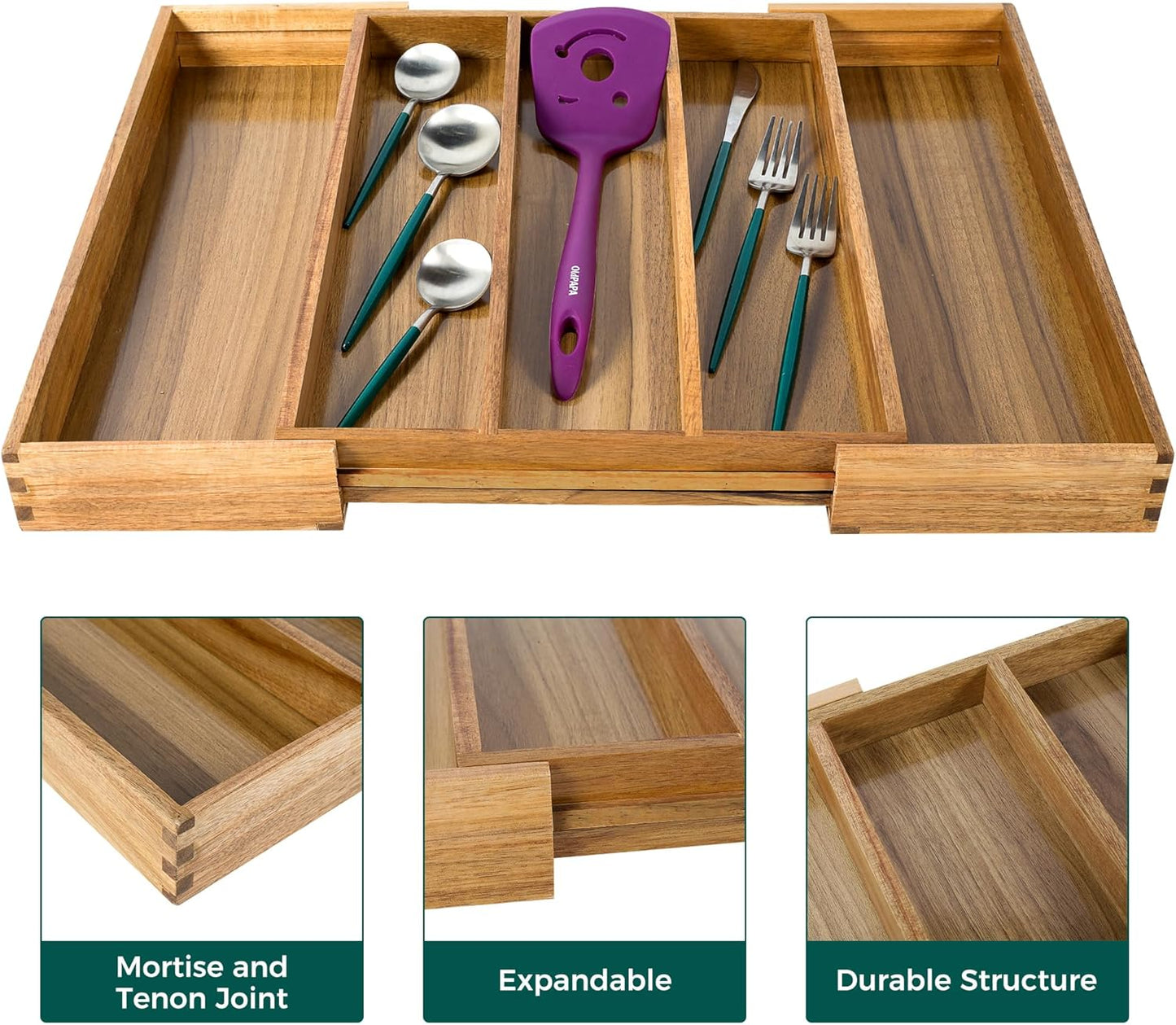 Utoplike Bamboo Expandable Kitchen Drawer Organizer, Adjustable Utensil Holder and Cutlery Tray Organiser, Drawer Divider for Silverware, Flatware, Knives in Kitchen, Bedroom, Living Room, 5 Slot