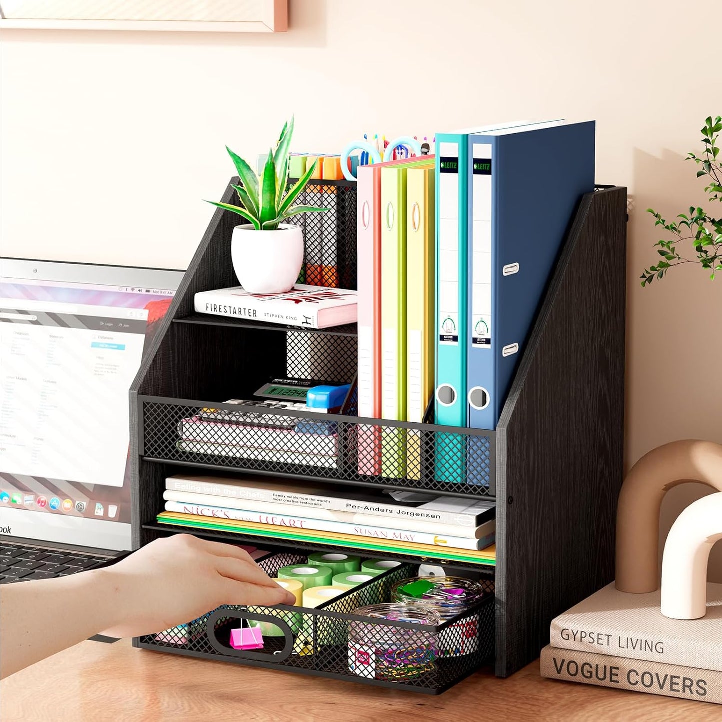 Homsorout Wooden Desk Organizer - Mesh File Organizer with Drawers and Pen Holder - 4-Tier Vertical Paper Letter Storage Tray, Desktop Organizers and Accessories for Home Office