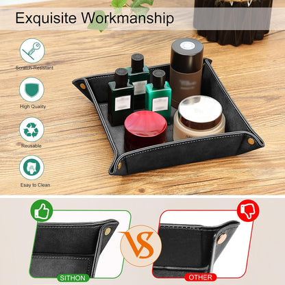 SITHON Valet Tray Desktop Storage Organizer – Premium PU Leather Catchall Bedside Vanity Tray Nightstand Caddy Holder for Keys, Phone, Wallet, Coin, Valentine's Day Gift, Brown
