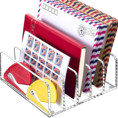 BEYGORM Acrylic Mail Holder, Clear Multifunction Desk Organizer with Divider, Vertical Letter Sorter for Desktop, 5 Compartments Modern Office Home Envelope Organizer for Bill, Document, Folder