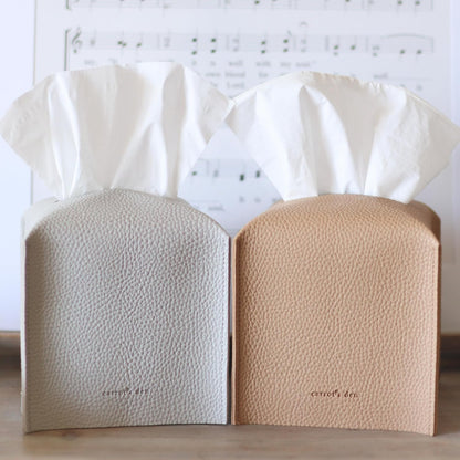 Tissue Box Cover Holder, Square with Bottom Belt by Carrot's Den - PU Leather Decorative Organizer for Tabletop, Bathroom, Car, Office | Beige