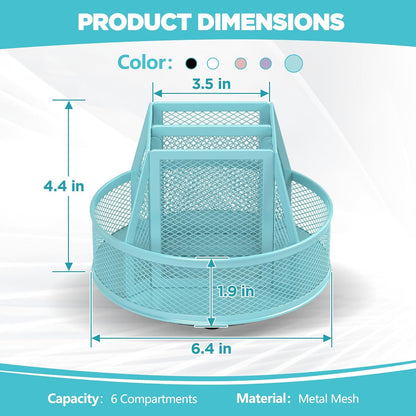 Docnest Mesh 360 Degree Rotating Pen Holder with 6 Compartment,Metal Pencil Cup Art Supply Storage Box Caddy,Teacher Stationery and Dorm Supplies Desk Organizer for Pencil,Sticky Note,Scissors-Pink