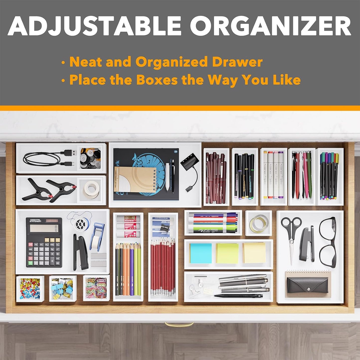 SpaceAid 21-Piece Bamboo Drawer Organizer Storage Boxes Set, Wood Tray Junk Drawer Organizers Multi-Use Divider Bins for Kitchen, Bathroom, Office Desk and Makeup Organization (21 Pack, Natural)
