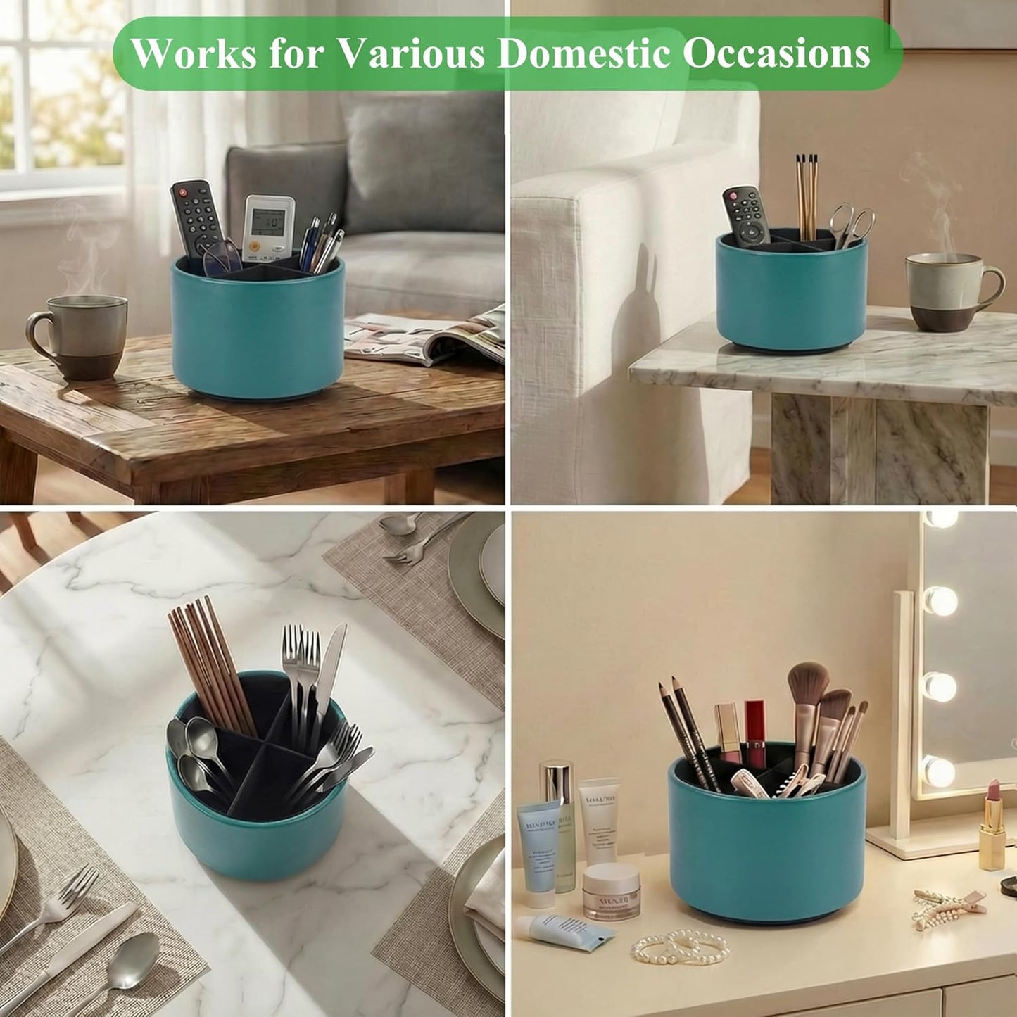 Hennaja Round Leather Art Supply Organizer,Remote Control Holder,360 Degree Rotating,Multi-Functional Pencil Holder,4 Compartments Desktop Stationary Organizer(1-Blue Bird) - Colors A