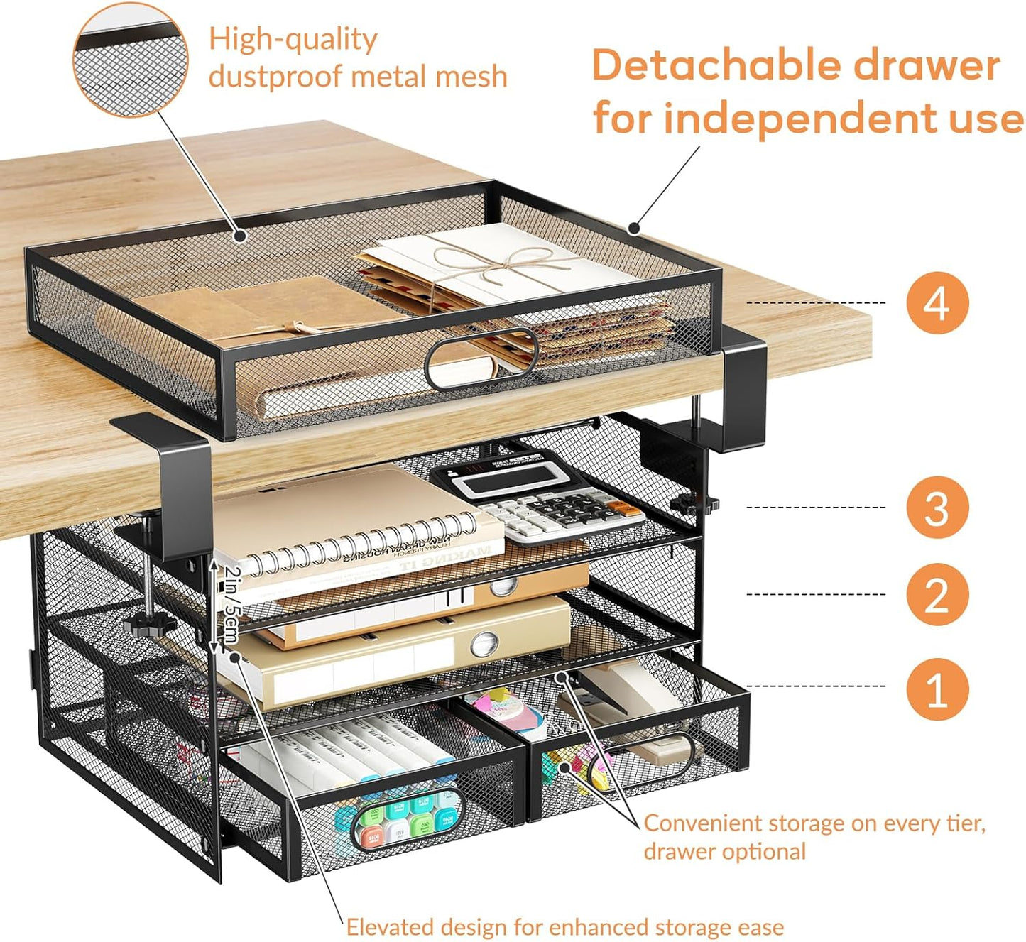 Under Desk Drawer Organizer 3 Layer, Large Under Desk Storage Side Drawers for Home & Office, Drill-Free Clamp-on Installation for Small Space, Spacious Storage for Office Supplies, Papers