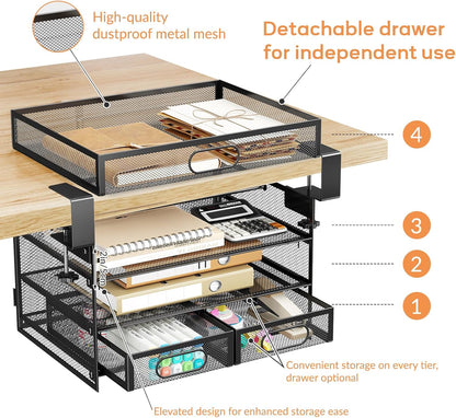 Under Desk Drawer Organizer 3 Layer, Large Under Desk Storage Side Drawers for Home & Office, Drill-Free Clamp-on Installation for Small Space, Spacious Storage for Office Supplies, Papers