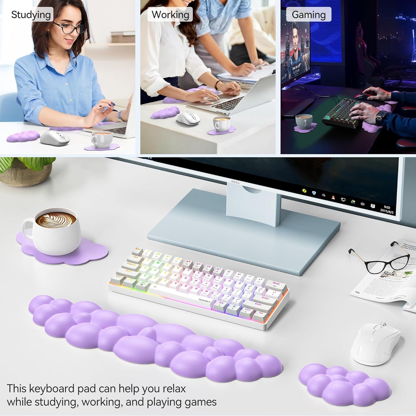 TECKNET Cloud Keyboard Wrist Rest Set, Cloud Wrist Rest with Non-Slip Base, PU Leather Wrist Pad for Keyboard with Ergonomic Memory Foam for Computer Laptop Office Gaming and Pain Relief, White