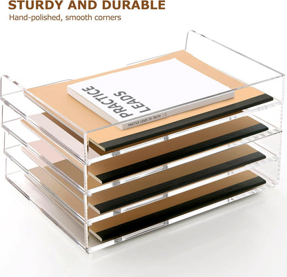 SANRUI 4 Tier Clear Desk Paper Letter Organizer Trays, A4 Stackable File Document Tray, Acrylic Desk Organizers and Accessories Sorter, Workspace Office Supplies Organizers,12.4inx8.86inx6.64in