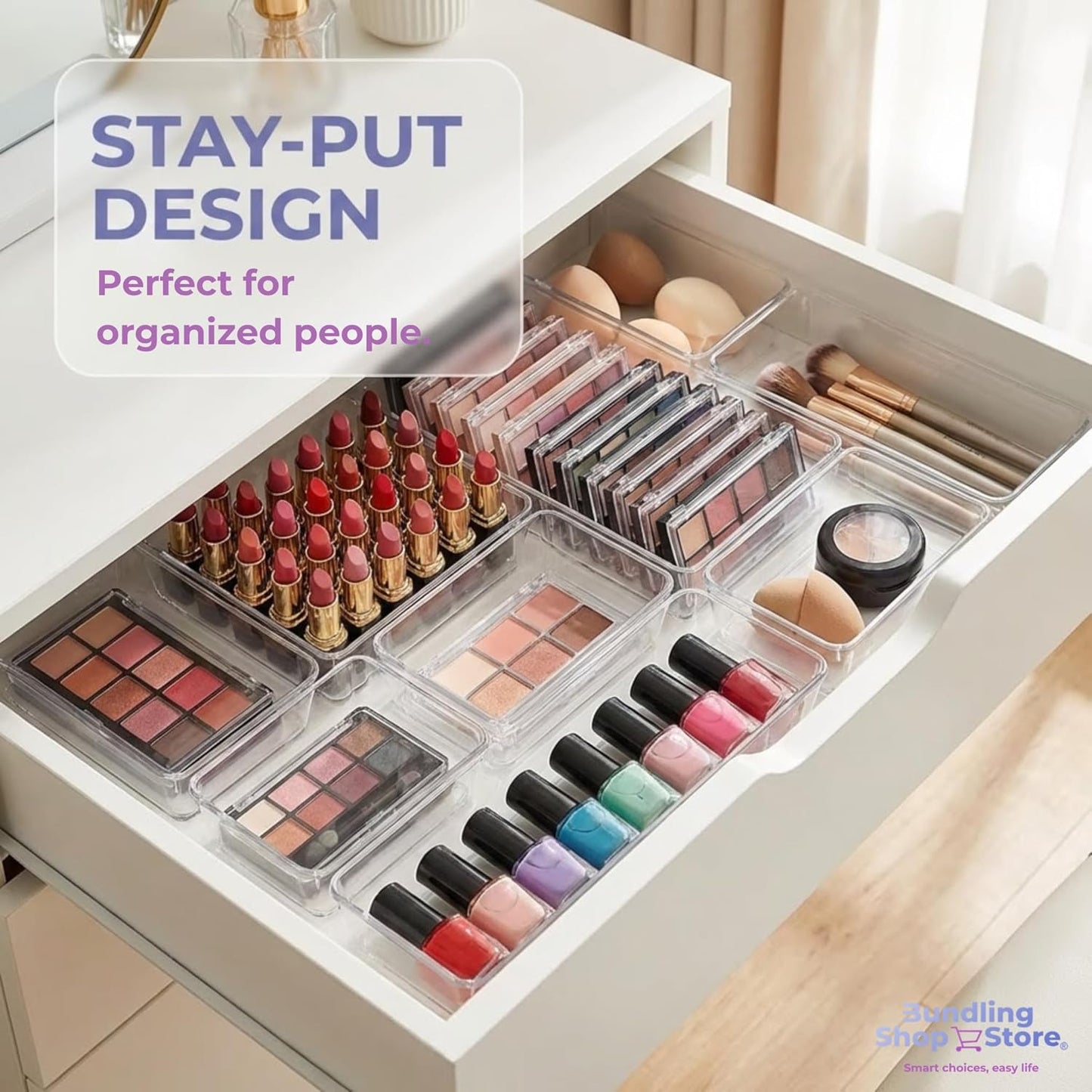 Acrylic Drawer Organizers - 18 Piece Modular Set with Premium Ultra-Strong Stay-Put Technology - Custom-Fit Makeup & Vanity Organizer Bins for Bathroom, Office & Craft, Kitchen