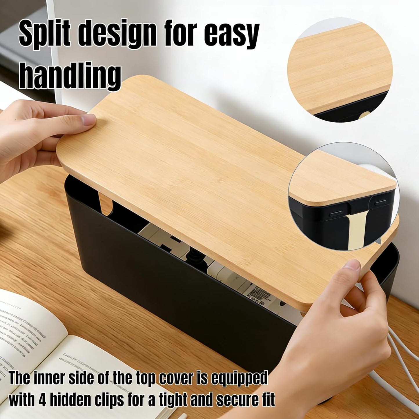 1 Large + 1 Small Cable Management Box Set – 2-Piece Cord Organizer Box, Home Office Desk Wire Storage & Cable Management Solution (Acryliclid lid/Black)