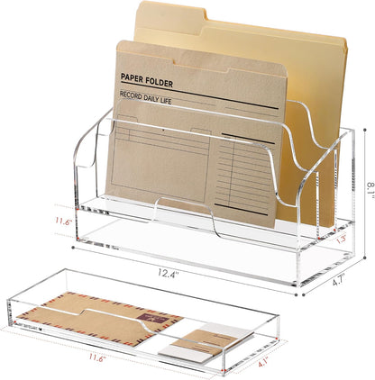 SANRUI Clear Desk Organizer Holder with Drawers, Acrylic Desktop Manila folders File Mail Sorter Box, Office Desk Accessories & Workspace Envelope Bill Letter Organization Racks, 3 Compartments