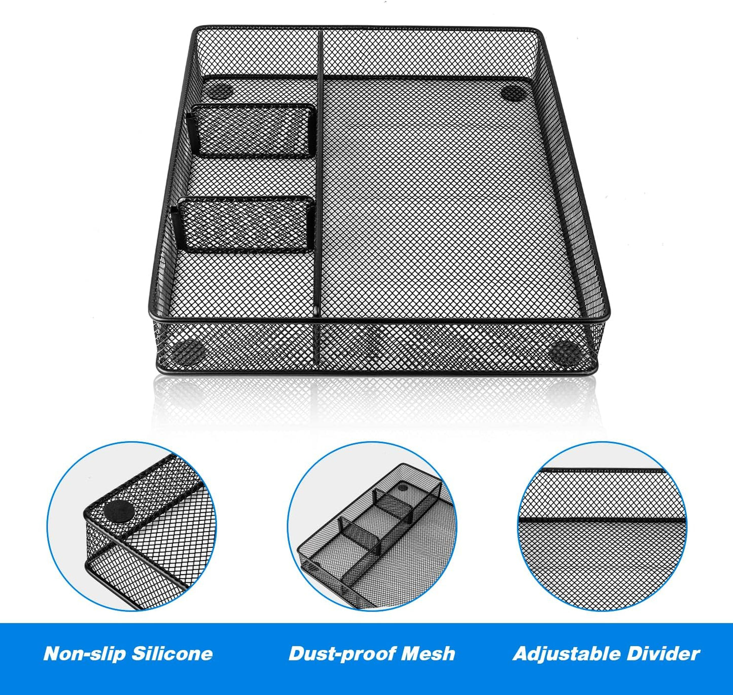 VyGrow Desk Drawer Organizer Tray, Metal Mesh Drawer Organizers Office, 6 Adjustable Compartment, Desk Organizer Tray for Home Office 12.87L x 8.73D x 1.96H inch, Black, 1PC Medium