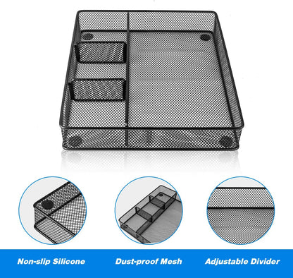 VyGrow Desk Drawer Organizer Tray, Metal Mesh Drawer Organizers Office, 6 Adjustable Compartment, Desk Organizer Tray for Home Office 12.87L x 8.73D x 1.96H inch, Black, 1PC Medium