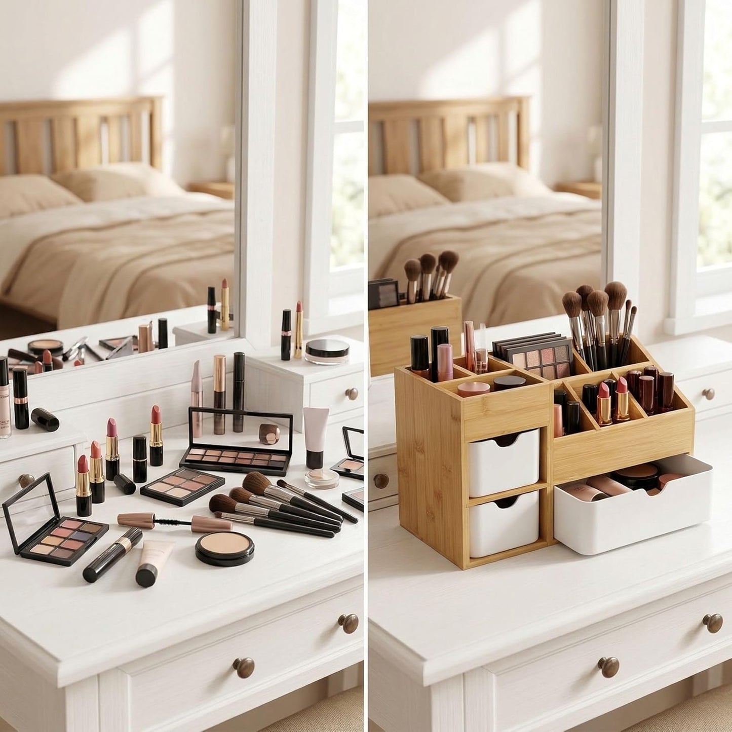 Bamboo Makeup Organizer with 3 Drawers & Adjustable Dividers, Desk Cosmetic Storage Box, Vanity Countertop Organizer for Bathroom, Office, Bedroom (11.5x5.4in)