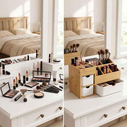 Bamboo Makeup Organizer with 3 Drawers & Adjustable Dividers, Desk Cosmetic Storage Box, Vanity Countertop Organizer for Bathroom, Office, Bedroom (11.5x5.4in)