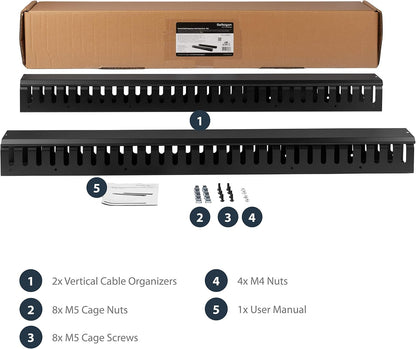 StarTech.com 3ft (1m) Vertical Cable Management Duct with Cover - 0U Open Slot Finger Duct Wire Raceway for 19 Inch Server Rack - Slotted Cord Channel (CMVER20UF)