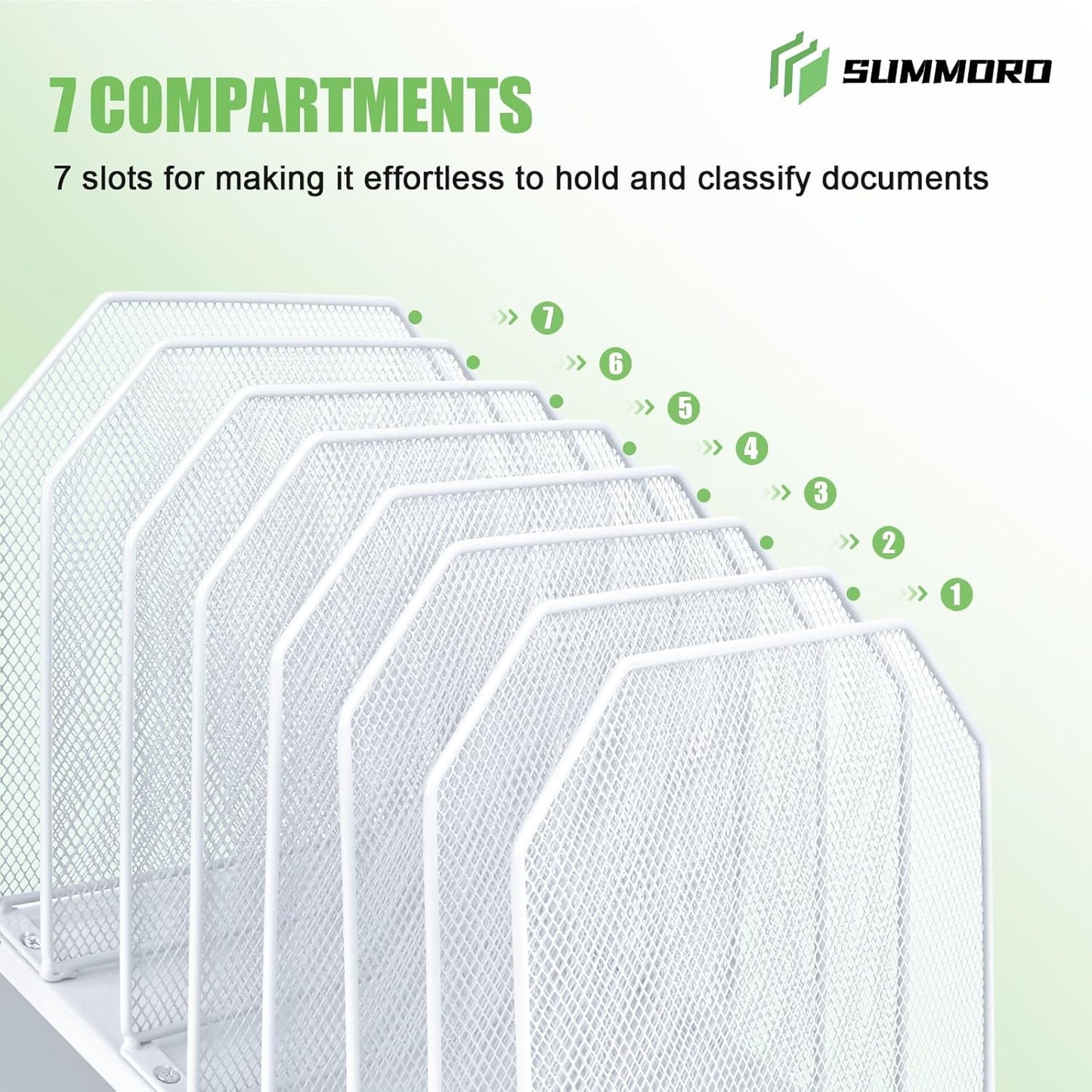 SUMMORO Inclined File Organizer for Desk, 7-Section Vertical File Folder Holder Office Desk Organizer Metal Rack File Wire Mesh Desktop Document Sorter for Office School Classroom Home (Black)
