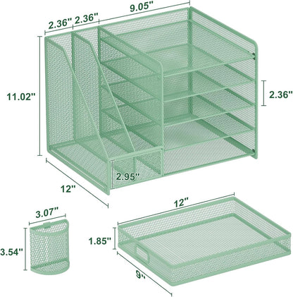 Marbrasse Desk Organizer with File Holder, 5-Tier Paper Letter Tray Organizer with Drawer and 2 Pen Holder, Mesh Desktop Organizer and Storage with Magazine Holder for Office Supplies(Black)