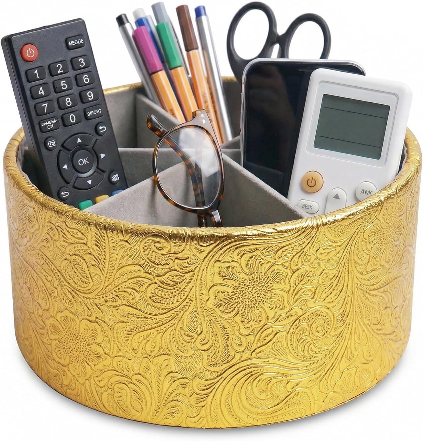 lizimandu Round Leather Art Supply Organizer,Remote Control Holder,360 Degree Spinning,Multi-Functional Pencil Holder,4 Compartments Desktop Stationary Organizer(1-Gold) - Colors A