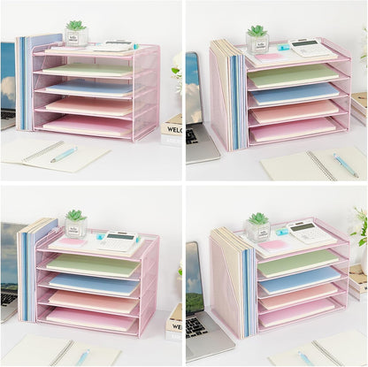 OPNICE Desk Organizer, 5-Tier Paper Organizer Letter Tray with Magazine Holder, Office Desk Accessories & Workspace Organizers, Desktop File Organizer for Office Supplies Storage, Black