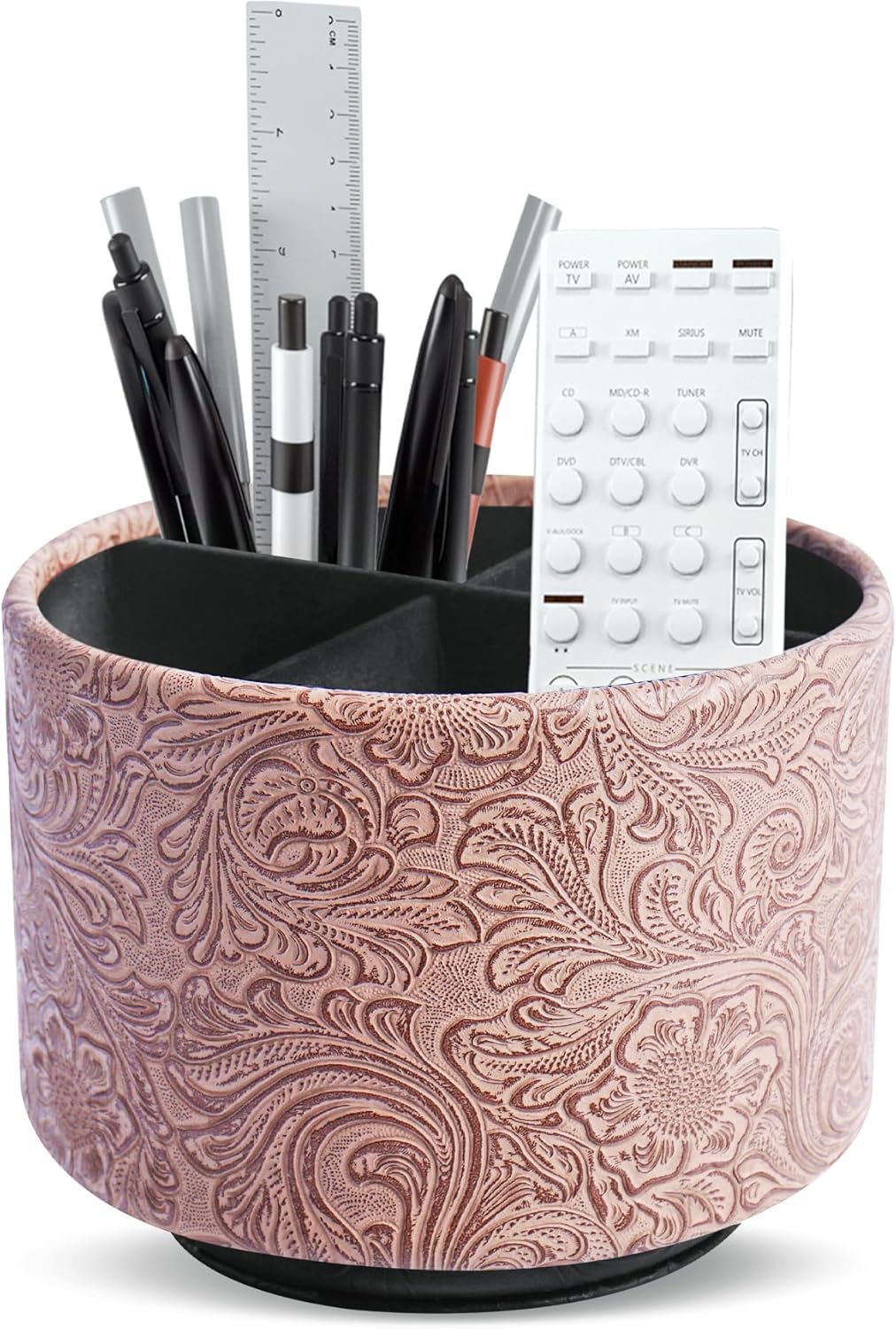 lizimandu Round Leather Art Supply Organizer,Remote Control Holder,360 Degree Spinning,Multi-Functional Pencil Holder,4 Compartments Desktop Stationary Organizer(1-Gold) - Colors B