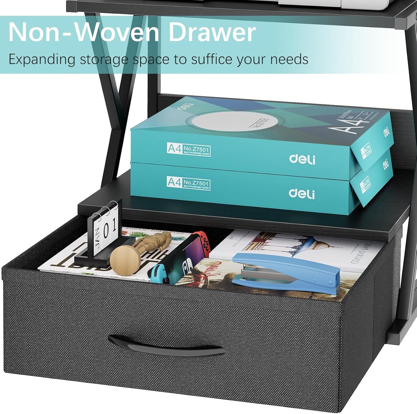 aboxoo Printer Stand for Desk with Storage Drawer, 2 Tier Desktop Or UnderDesk Shelf, Multi-Purpose Desk Organizer for Home Office, fit Fax Machine/3D Printer/Scanner, Rustic Brown