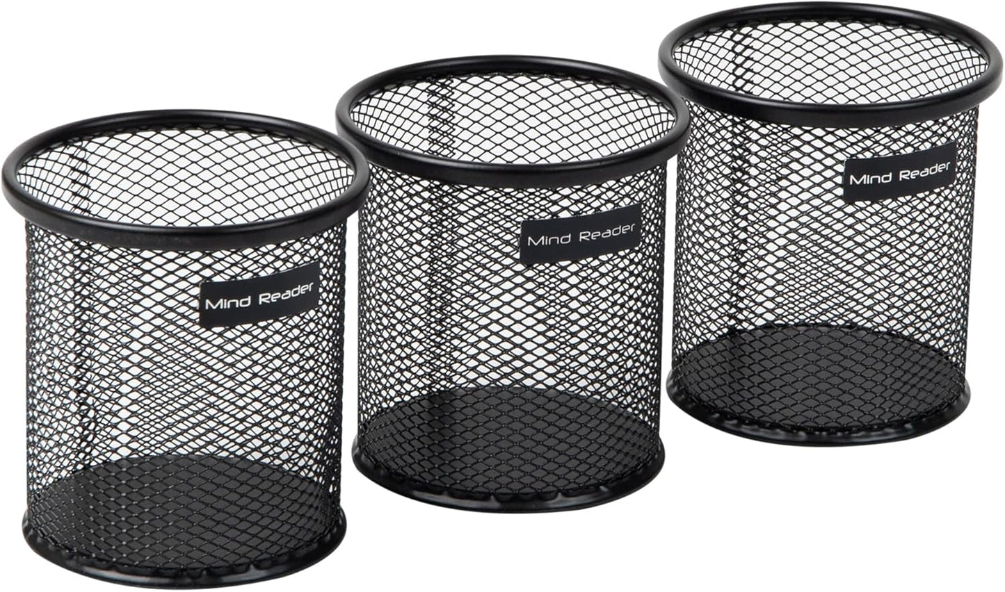 Mind Reader Pen and Accessories Holder, Desktop Organizer, Office, Metal Mesh, 3.5"L x 3.5"W x 3.75"H, Set of 3, Black
