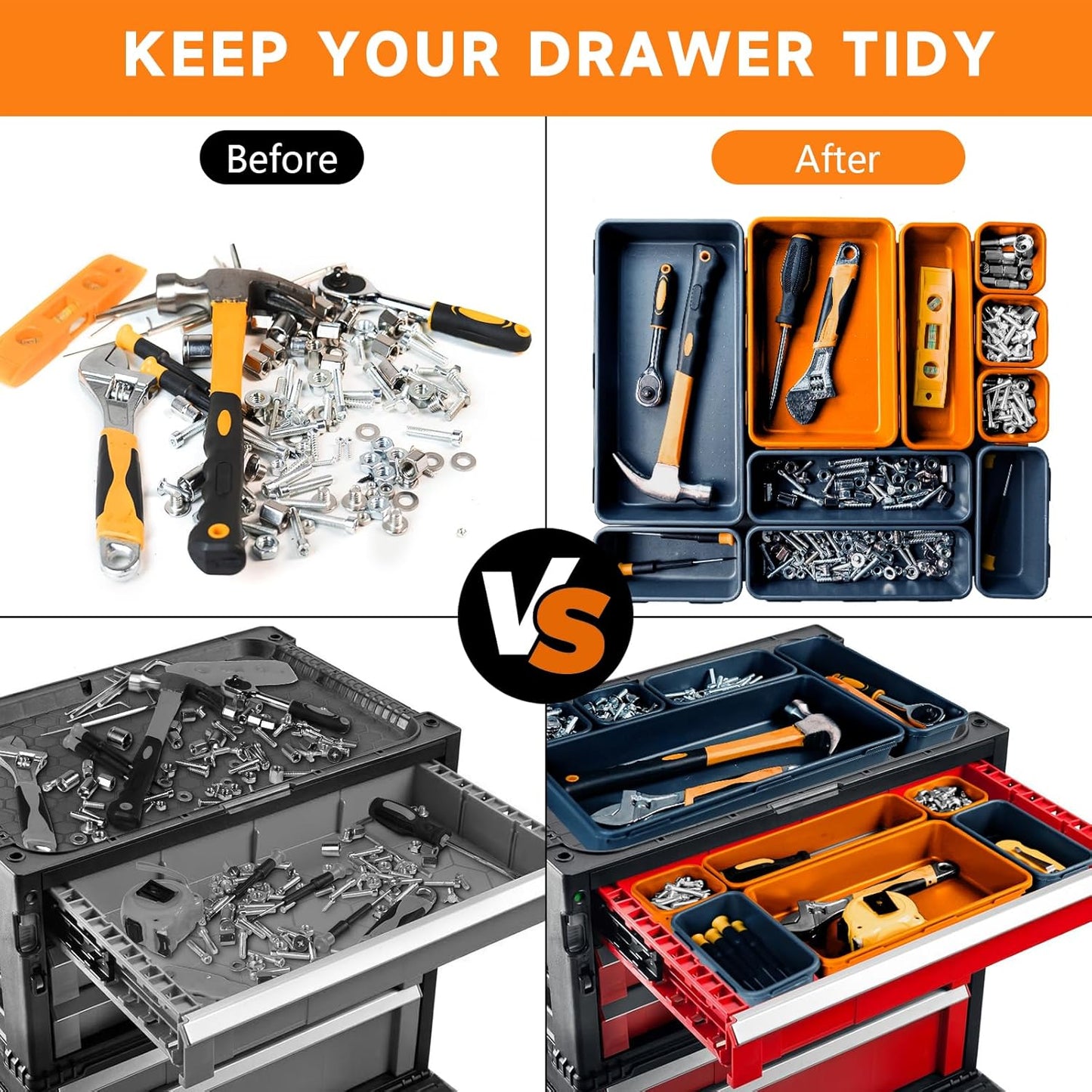 [60 PCS Upgraded] FLYVOLE Tool Box Organizer Tray, Toolbox Desk Drawer Organizer, Tool Box Tray, Toolbox Organization Storage for Rolling Tool Chest (60 PCS)