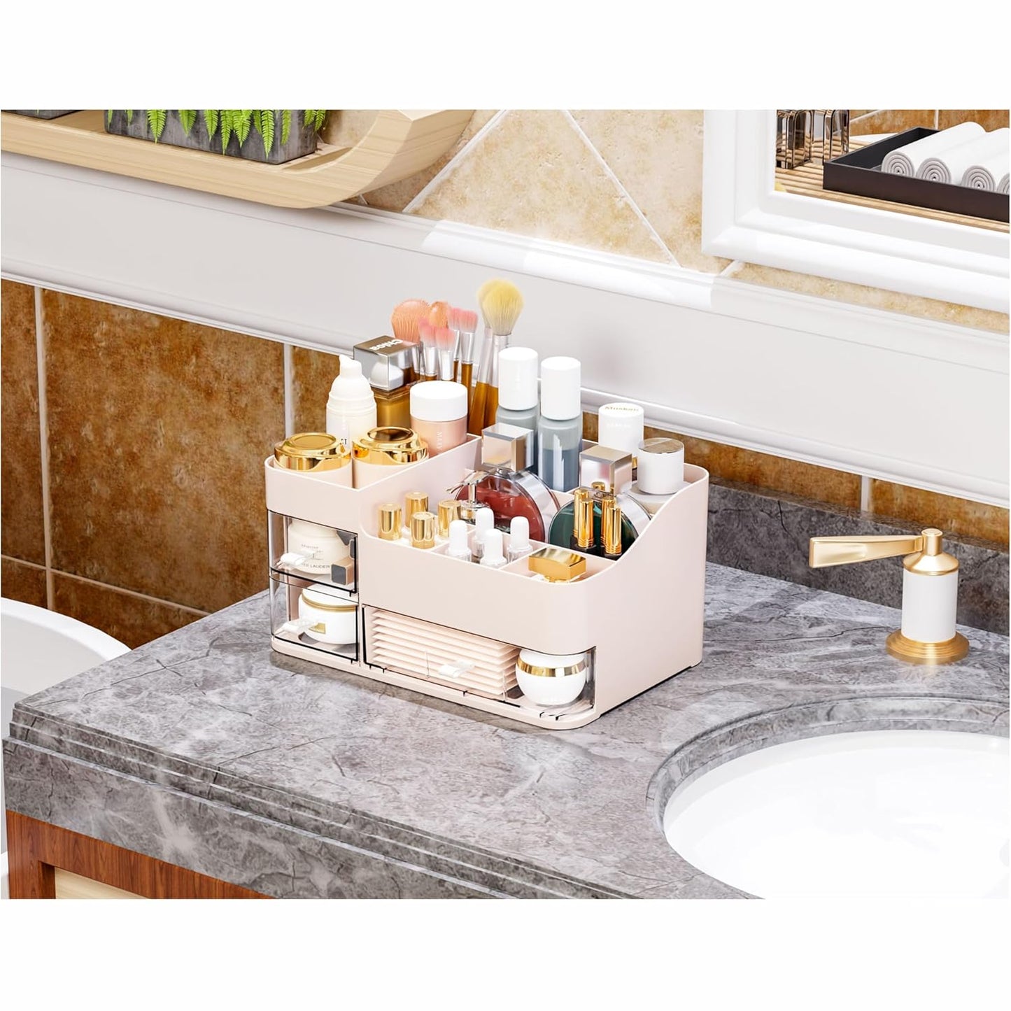 White Makeup Organizer With Drawers,Large Skincare Organizers for Countertop,Desk,Dresser,Plastic Bathroom Counter Organizer for Brush,Palettes,Perfume,Beauty Products Organization,Skin Care Storage